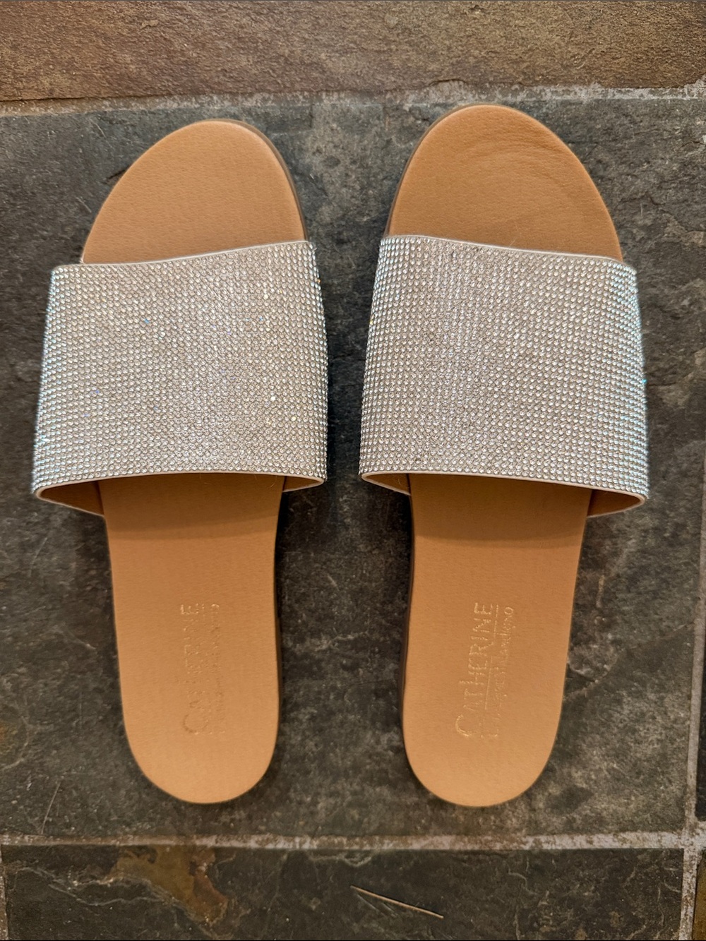 Catherine Malandrino Crystal-Embellished crystal Slide Sandals in Silver and Tan